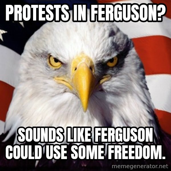 Freedom Eagle  meme: Protests in Ferguson? / Sounds like Ferguson could use some Freedom.