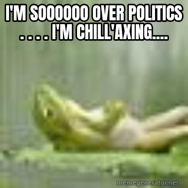 Frog Relaxing meme: I'm Soooooo  Over  Politics . . . . I'm Chill'axing....
