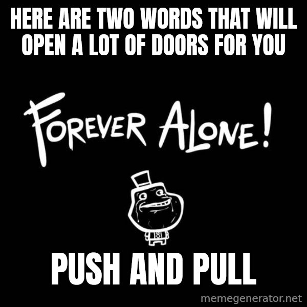 The Most Interesting Man In The World meme: Here are two words that will open a lot of doors for you / Push and Pull