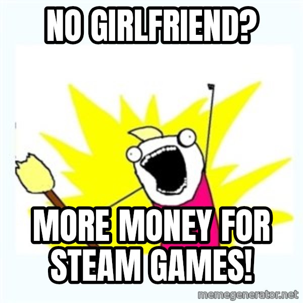 All the things meme: No girlfriend? / More money for Steam Games!