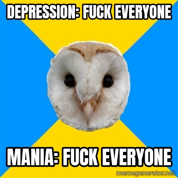 Bipolar Owl meme: Depression: Fuck Everyone / Mania: Fuck everyone