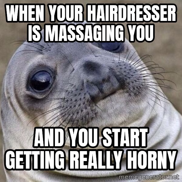 Awkward Seal meme: when your hairdresser is massaging you / and you start getting really horny