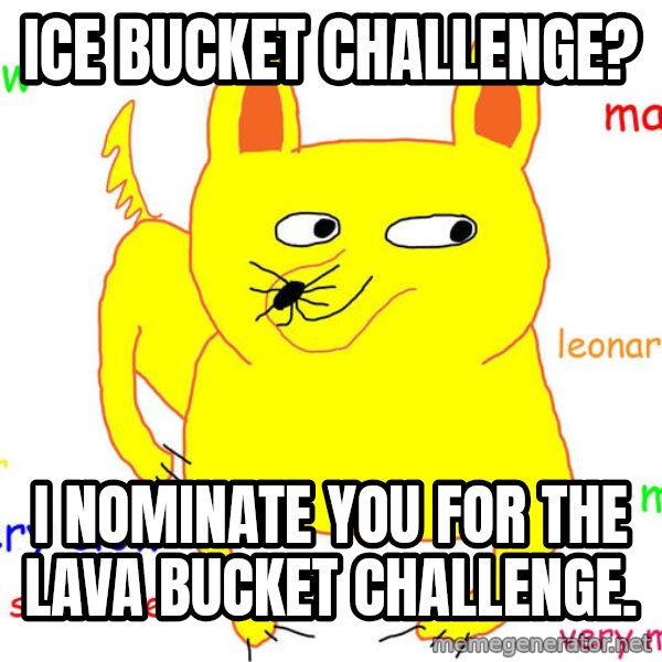 Grumpy Cat  meme: Ice bucket challenge? / I  nominate you for the lava bucket challenge.