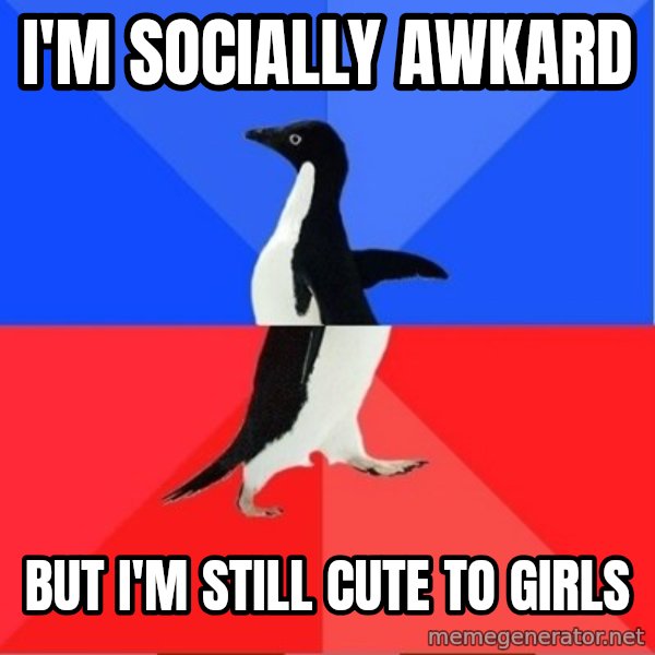 Socially Awkward to Awesome Penguin meme: I'm socially awkard / But I'm still cute to girls