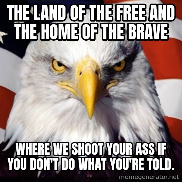 Freedom Eagle  meme: the land of the free and the home of the brave / where we shoot your ass if you don't do what you're told.