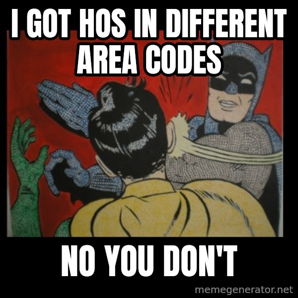 batman slap robin meme: i got hos in different area codes / no you don't