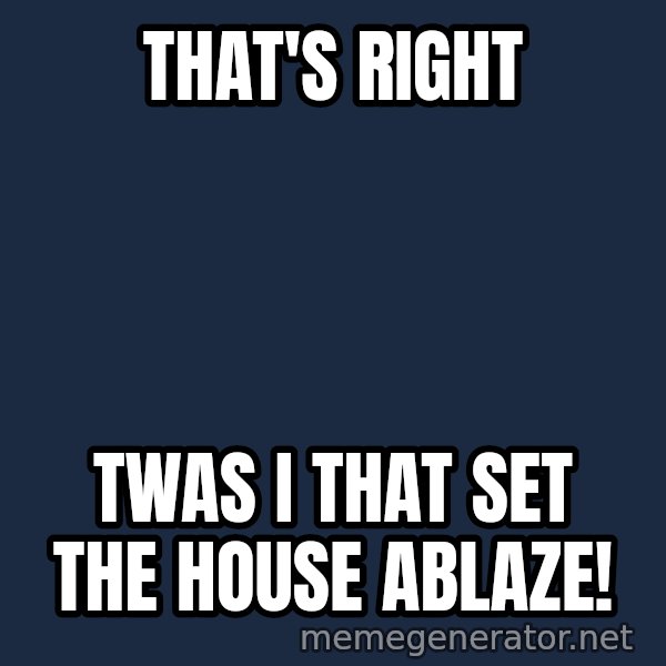Twas I Cat meme: THAT'S RIGHT / TWAS I THAT SET THE HOUSE ABLAZE!