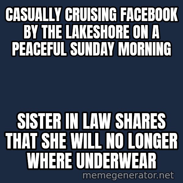 Disgusted Kristine Wiig meme: Casually cruising Facebook by the lakeshore on a peaceful Sunday morning / Sister in law shares that she will no longer where underwear