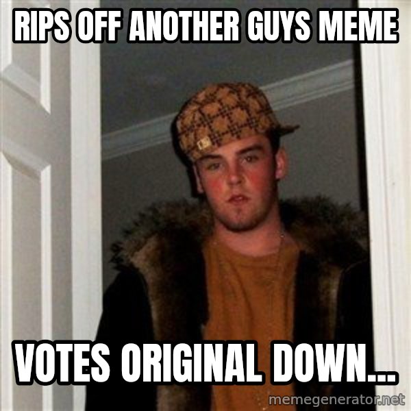 Scumbag Steve meme: rips off another guys meme / votes original down...