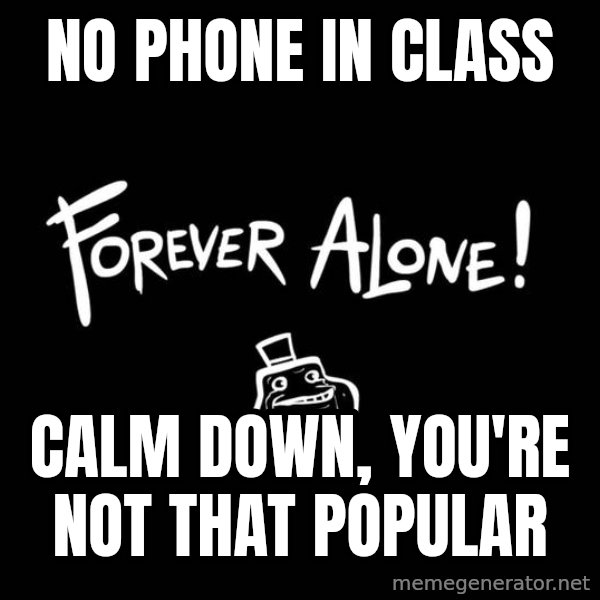 Chill Out Lemur meme: No phone in class / Calm down, you're not that popular
