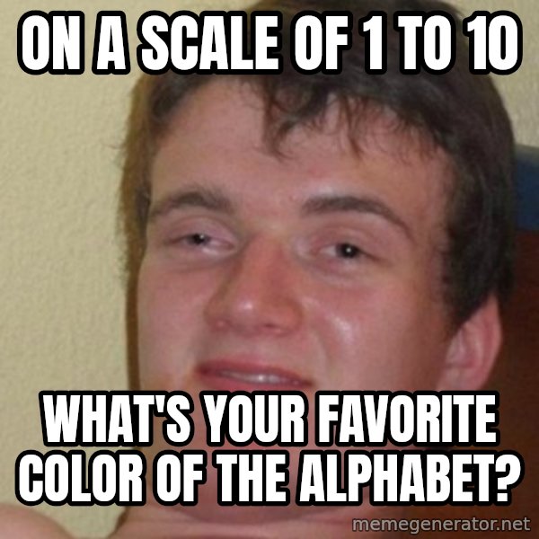 Really Stoned Guy meme: on a scale of 1 to 10 / what's your favorite color of the alphabet?
