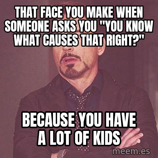 Robert Downey Jr rolls eyes meme: that face you make when someone asks you "you know what causes that right?" / because you have a lot of kids