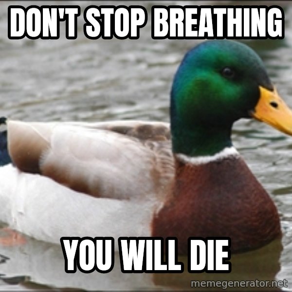 Actual Advice Mallard 1 meme: don't stop breathing / you will die