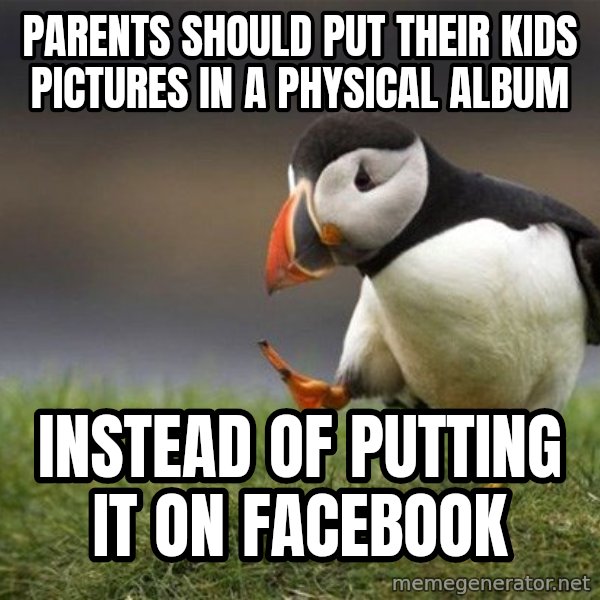 Unpopular Opinion Puffin meme: Parents should put their kids pictures in a physical album / Instead of putting it on facebook