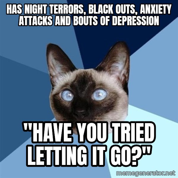 Chronic Illness Cat meme: Has Night terrors, black outs, anxiety attacks and bouts of depression / "Have you tried letting it go?"
