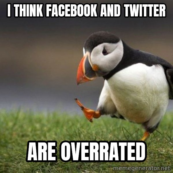 Unpopular Opinion Puffin meme: I think facebook and twitter / are overrated