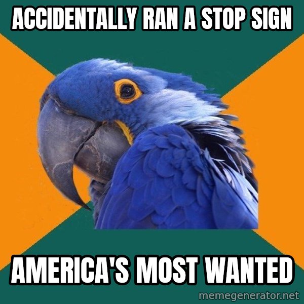 Paranoid Parrot meme: accidentally ran a stop sign / america's most wanted
