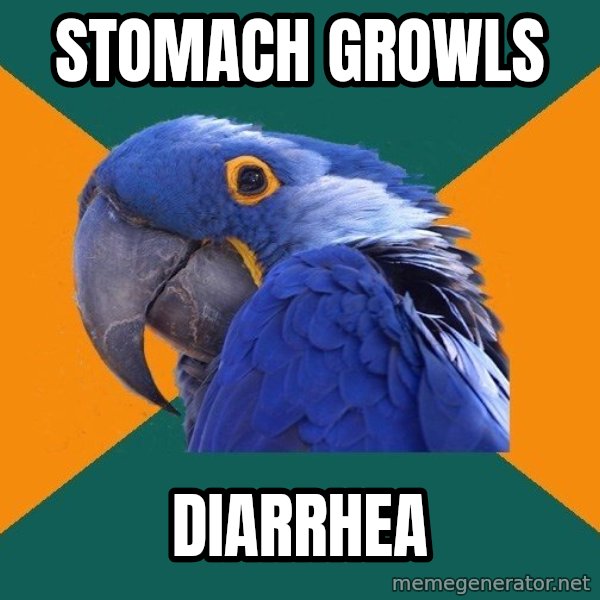 Paranoid Parrot meme: stomach growls / diarrhea