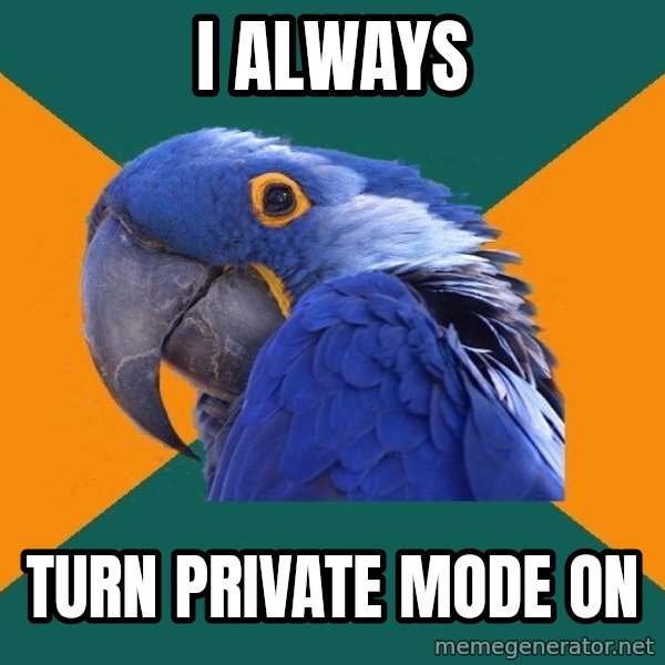 Paranoid Parrot meme: I always / turn private mode on