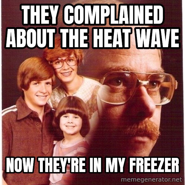 Vengeance Dad meme: they complained about the heat wave / now they're in my freezer