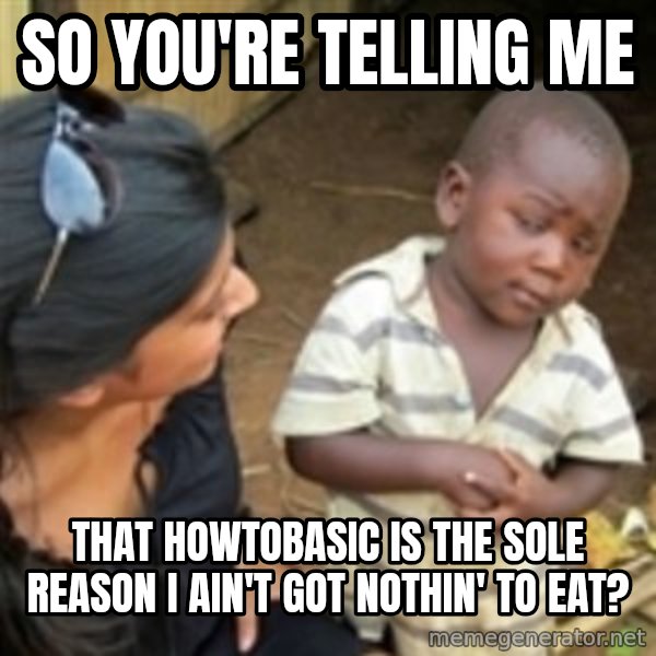 Skeptical african kid  meme: so you're telling me / that howtobasic is the sole reason I ain't got nothin' to eat?