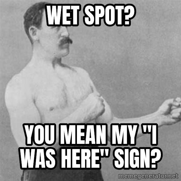 overly manlyman meme: Wet spot? / You mean my "I Was Here" sign?
