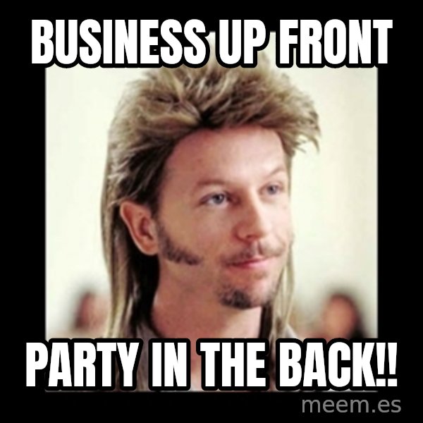 Joe Dirt meme: Business up front / Party in the Back!!