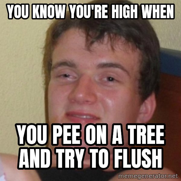 Stoner Stanley meme: You know you're high when / you pee on a tree and try to flush
