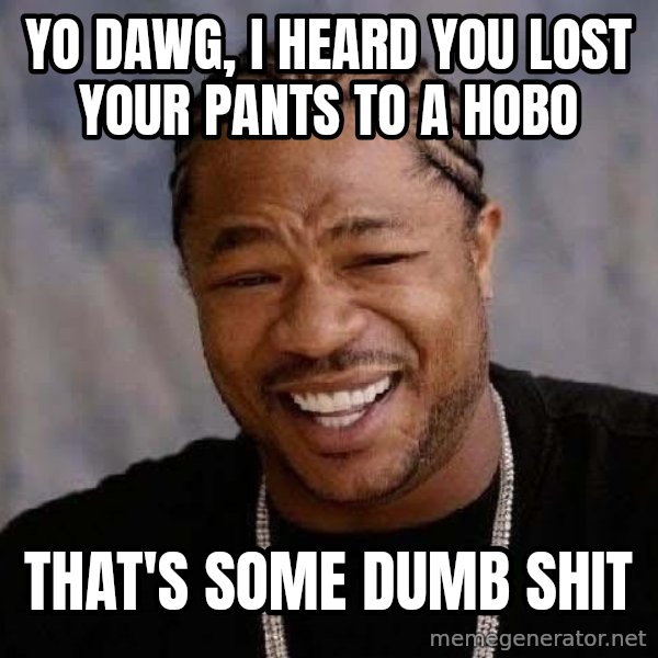 Yo Dawg meme: Yo dawg, I heard you lost your pants to a hobo / That's some dumb shit