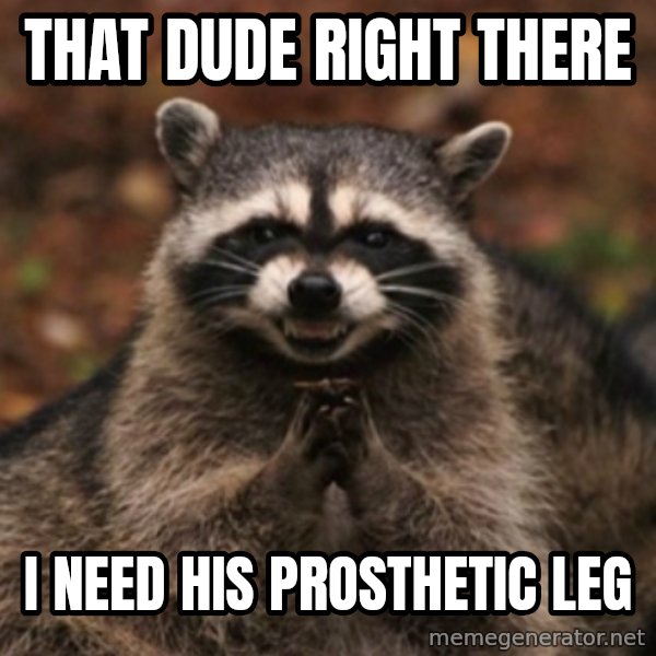 evil raccoon meme: that dude right there / i need his prosthetic leg