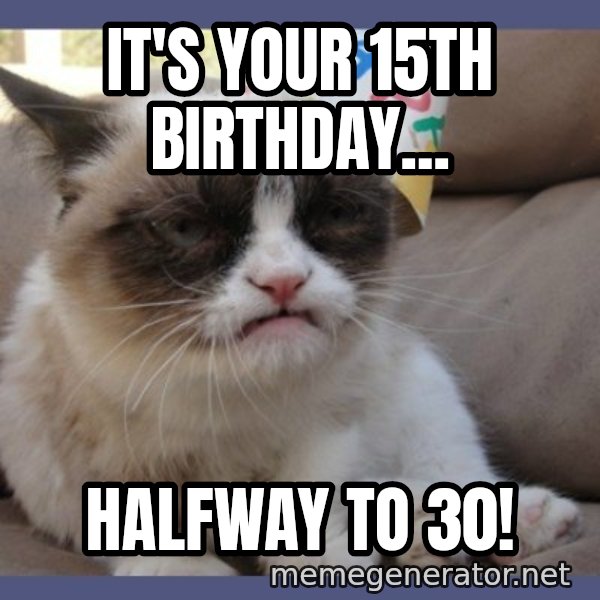 Birthday Grumpy Cat meme: It's your 15th birthday... / Halfway to 30!