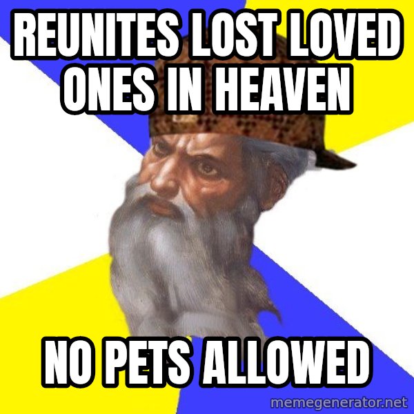 Scumbag God meme: Reunites lost loved ones in heaven / No pets allowed
