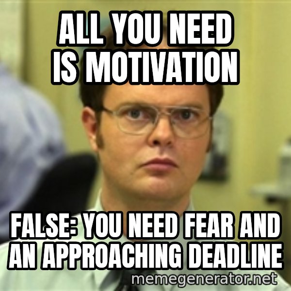 Dwight Meme meme: All you need is motivation / False: you need fear and an approaching deadline