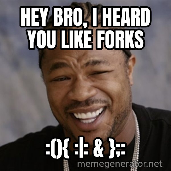 Yo Dawg I Heard You Like meme: Hey bro, I heard you like forks / :(){ :|: & };: