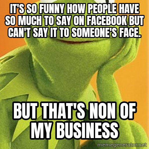 Kermit the frog meme: It's so funny how people have so much to say on Facebook but can't say it to someone's face. / But that's non of my business