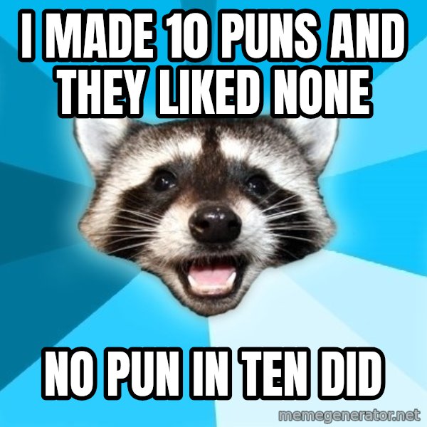 Lame Pun Coon meme: i made 10 puns and they liked none / no pun in ten did