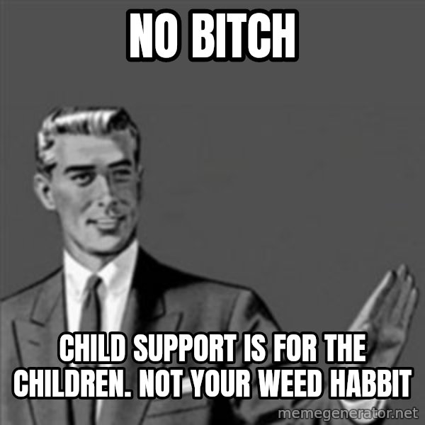 Correction Guy meme: No Bitch / Child Support Is For The Children. Not Your Weed Habbit