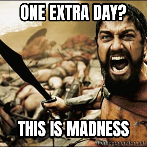 This Is Sparta Meme meme: one extra day? / this is madness
