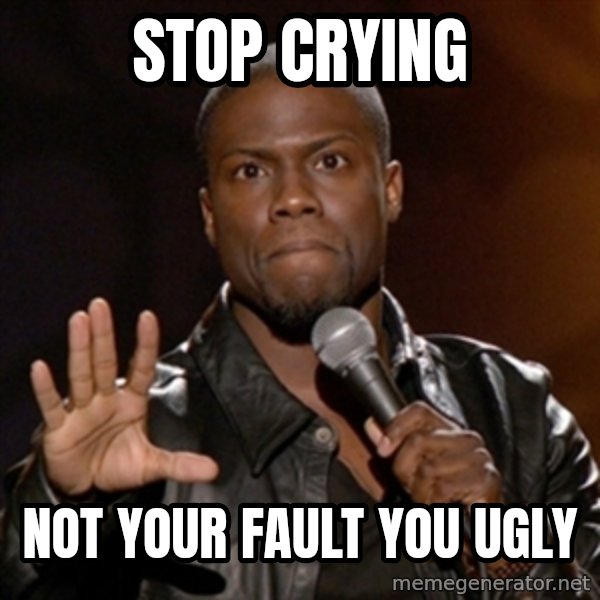 Kevin Hart meme: Stop crying / Not your fault you ugly