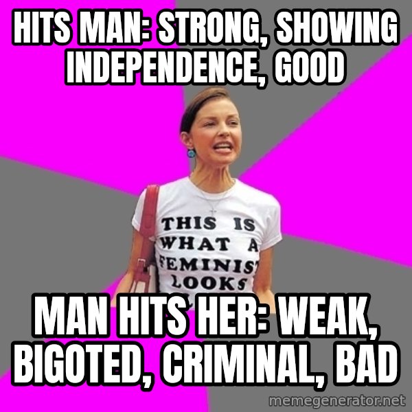 Feminist Cunt meme: Hits man: Strong, showing independence, good / man hits her: Weak, bigoted, criminal, bad