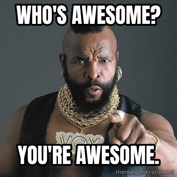 Mr T meme: WHO'S AWESOME? / YOU'RE AWESOME.