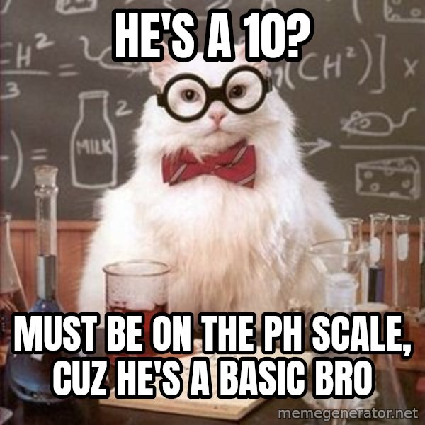 Chemistry Cat meme: He's a 10? / must be on the ph scale, cuz he's a basic bro