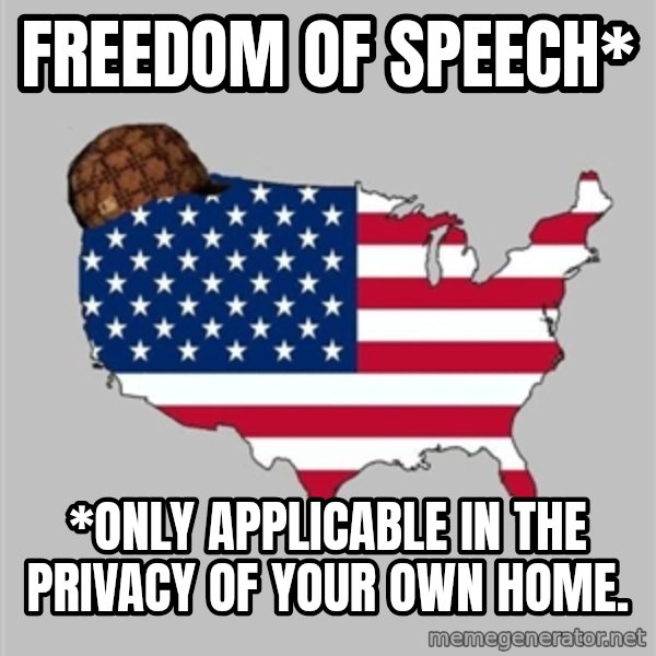 Scumbag America2 meme: freedom of speech* / *only applicable in the privacy of your own home.