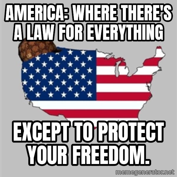 Scumbag America2 meme: america: where there's a law for everything / except to protect your freedom.