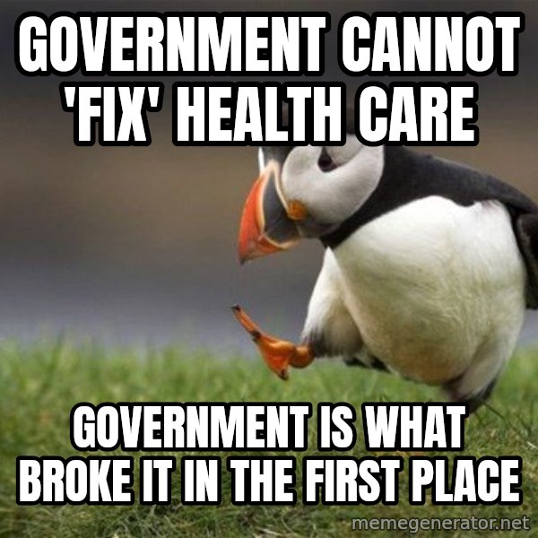 Unpopular Opinion Puffin meme: Government cannot 'fix' health care / government is what broke it in the first place