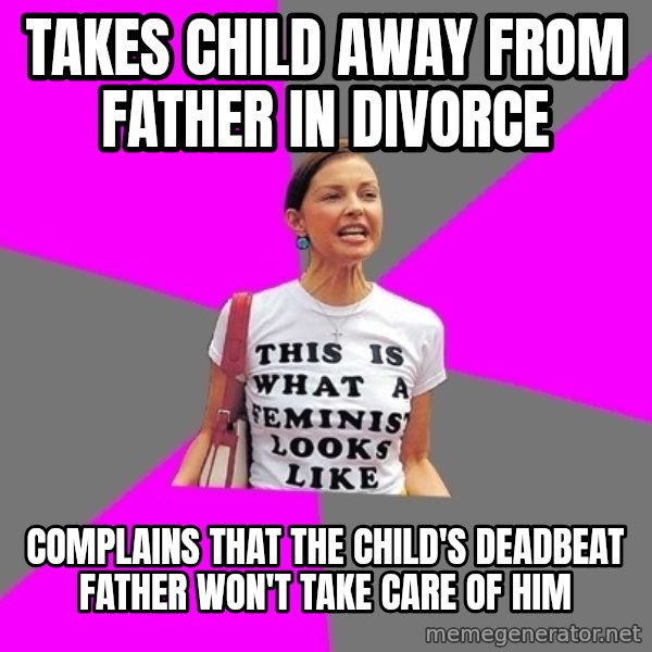 Feminist Cunt meme: Takes child away from father in divorce / Complains that the child's deadbeat father won't take care of him