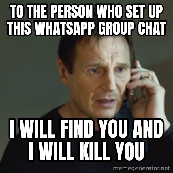taken meme meme: TO THE PERSON WHO SET UP THIS WHATSAPP GROUP CHAT / I WILL FIND YOU AND I WILL KILL YOU