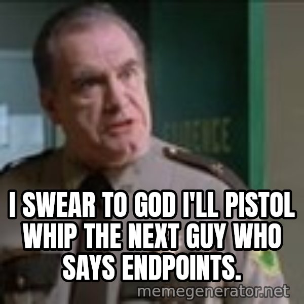 Super Troopers Pistol Whip meme: I swear to god I'll pistol whip the next guy who says endpoints.
