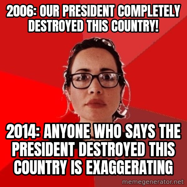 Liberal Douche Garofalo meme: 2006: our president completely destroyed this country! / 2014: anyone who says the president destroyed this country is exaggerating