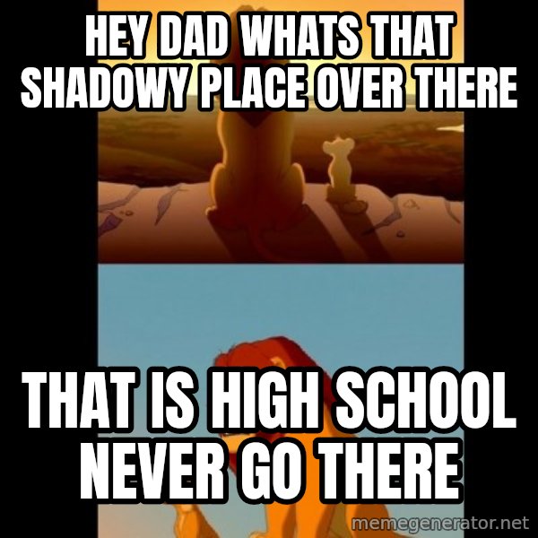 Lion King Shadowy Place meme: Hey dad whats that shadowy place over there / That is High school never go there
